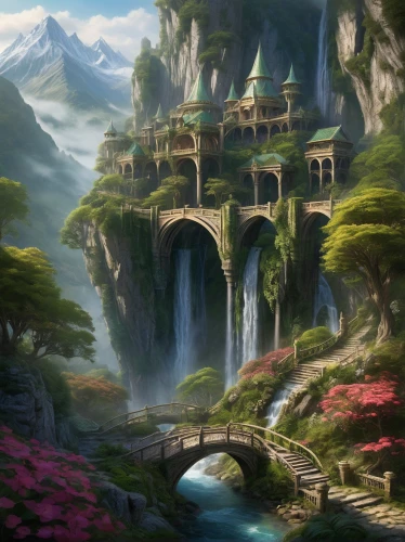 fantasy landscape,meteora,fantasy picture,ancient city,dragon bridge,mountain settlement,fairy village,japan landscape,fantasy world,fantasy city,tigers nest,fairy world,fairy tale castle,fantasy art,home landscape,high landscape,mountainous landscape,water palace,the valley of the,green valley,Conceptual Art,Fantasy,Fantasy 15