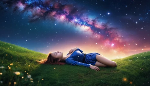 girl lying on the grass,stargazing,photo manipulation,dreaming,dream world,fantasy picture,dreamland,falling star,photoshop manipulation,astronomy,universe,the universe,astronomer,starry sky,falling stars,photomanipulation,astral traveler,imagination,starfield,self hypnosis,Photography,General,Realistic