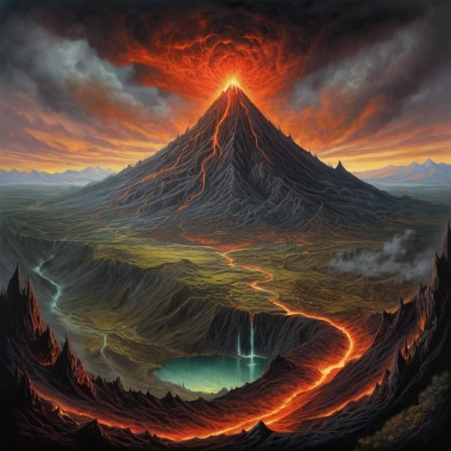 volcanic landscape,volcano,fire mountain,volcanism,volcanic field,volcanic,active volcano,volcanos,the volcano,stratovolcano,volcanic landform,lava,krafla volcano,lake of fire,volcanic eruption,shield volcano,gorely volcano,volcanoes,lava dome,eruption,Illustration,Realistic Fantasy,Realistic Fantasy 05