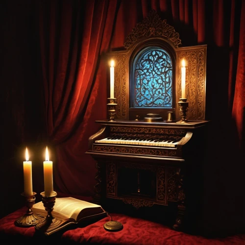 music chest,music box,player piano,the piano,harpsichord,writing desk,musical box,ornate room,spinet,hymn book,piano,grand piano,clavichord,candlelights,musical instruments,organ sounds,musical instrument,celtic harp,instrument music,tabernacle,Illustration,Retro,Retro 24