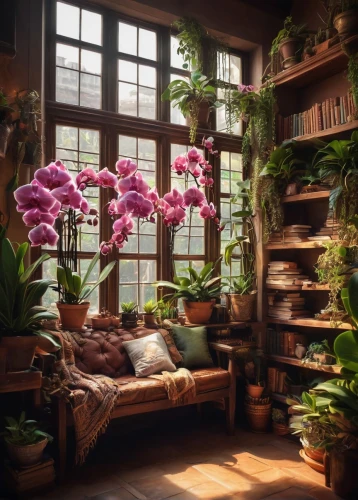 phalaenopsis,orchids,house plants,beautiful home,indoor,living room,livingroom,houseplant,great room,bookshelves,sitting room,dendrobium,wooden windows,indoors,loft,the living room of a photographer,flower shop,conservatory,dandelion hall,tropical house,Conceptual Art,Fantasy,Fantasy 27