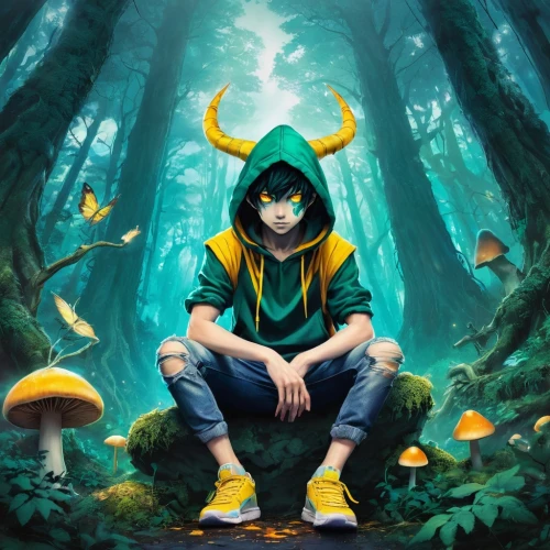 nine-tailed,loki,summoner,lotus art drawing,forest mushroom,2d,fantasy portrait,frog background,navi,forest background,fae,devilwood,cg artwork,portrait background,game illustration,elf,forest floor,mandraki,avatar,matsuno,Illustration,Japanese style,Japanese Style 04