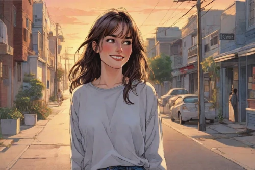 a girl's smile,digital painting,world digital painting,girl walking away,anime cartoon,city ​​portrait,cute cartoon image,animated cartoon,woman walking,photo painting,anime 3d,girl in a long,portrait background,a smile,alley,street scene,background image,sidewalk,a pedestrian,the girl's face,Digital Art,Comic