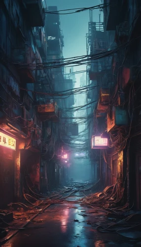 alleyway,cyberpunk,alley,hanoi,kowloon city,slum,kowloon,shinjuku,shanghai,slums,hong kong,street canyon,blind alley,world digital painting,tokyo,rescue alley,taipei,tokyo city,dystopian,lost place,Conceptual Art,Fantasy,Fantasy 14