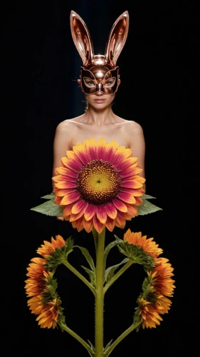 bunny on flower,bodypainting,pollinate,faun,conceptual photography,wild hare,body painting,kahila garland-lily,body art,bjork,pollinator,golden mask,masquerade,photo manipulation,surrealistic,photomanipulation,ikebana,gold mask,bodypaint,cd cover