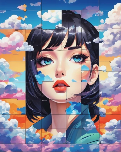 clouds - sky,capsule-diet pill,sky,checkered background,cumulus,kaleidoscope,diamond-heart,kaleidoscopic,vapor,fall from the clouds,digital art,digital artwork,cluster-lilies,vector illustration,portrait background,retro girl,digital illustration,illustrator,vector graphic,colorful background,Art,Artistic Painting,Artistic Painting 45