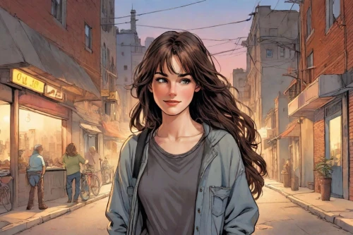 girl walking away,woman walking,woman shopping,pedestrian,a pedestrian,girl with speech bubble,rosa ' amber cover,city ​​portrait,world digital painting,the girl's face,sci fiction illustration,girl in a long,the girl at the station,street scene,background image,the girl,background images,main character,sidewalk,head woman,Digital Art,Comic