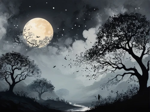 moonlit night,the night of kupala,moonlit,hanging moon,lunar landscape,full moon,night scene,halloween background,moon night,moon and star background,fantasy picture,moonlight,moonscape,moons,moonbeam,moon addicted,full moon day,the moon,moon phase,moonshine,Illustration,Black and White,Black and White 33