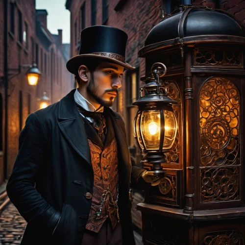 gas lamp,lamplighter,clockmaker,stovepipe hat,watchmaker,the victorian era,steampunk,victorian style,vintage lantern,victorian,bellboy,victorian fashion,cordwainer,portrait photography,portrait photographers,iron street lamp,pocket watch,ornate pocket watch,town crier,merchant,Illustration,American Style,American Style 08