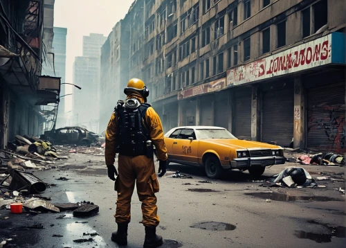 civil defense,yellow taxi,post apocalyptic,yellow jumpsuit,yellow jacket,post-apocalypse,venezuela,district 9,apocalyptic,new york taxi,dystopian,photo manipulation,yellow car,yellow machinery,destroyed city,digital compositing,taxi cab,dewalt,bumblebee,photoshop manipulation,Conceptual Art,Daily,Daily 20