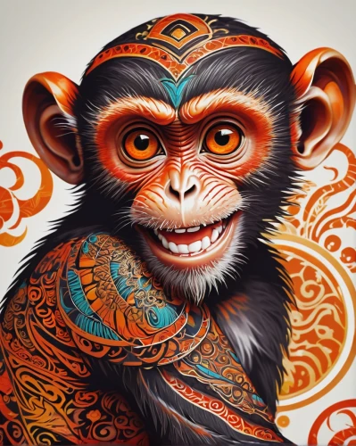 barbary monkey,hanuman,chimpanzee,monkey,bonobo,tamarin,chinese art,primate,barong,marmoset,uakari,chimp,orangutan,mandarin,the monkey,bodypainting,anthropomorphized animals,common chimpanzee,japanese art,orang utan,Illustration,Retro,Retro 04