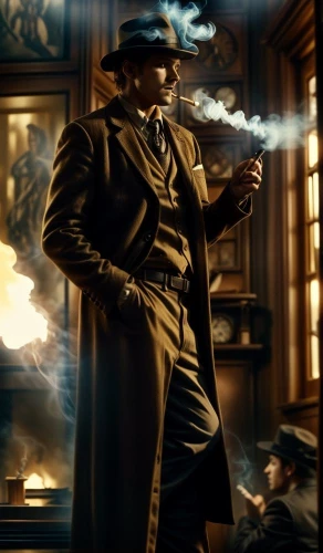 mafia,rorschach,detective,al capone,sherlock holmes,spy-glass,smoking man,trench coat,smooth criminal,cigar,overcoat,spy visual,holmes,inspector,spy,smoking cigar,mobster,film noir,pipe smoking,riddler