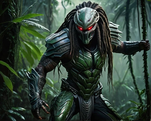 predator,alien warrior,patrol,rastaman,black warrior,spawn,avatar,aaa,forest man,dark green plant,predators,mantis,green goblin,rabihorcado,green congo,aquaman,tarzan,greed,venomous,wall,Illustration,Paper based,Paper Based 10