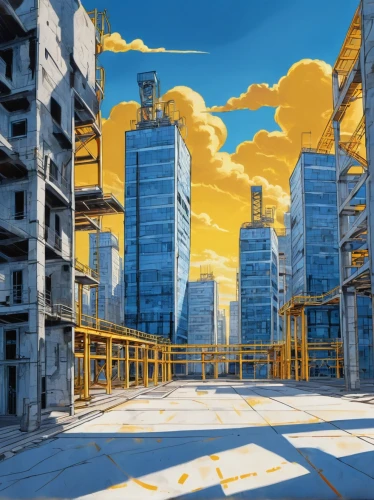 cityscape,industrial landscape,city scape,post-apocalyptic landscape,buildings,urban landscape,heavy object,city buildings,city blocks,yellow sky,tokyo city,docks,apartment blocks,destroyed city,backgrounds,tall buildings,suburb,high-rises,high rises,sky apartment,Illustration,Black and White,Black and White 05