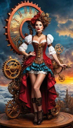 steampunk,steampunk gears,ships wheel,the sea maid,girl with a wheel,queen of hearts,clockmaker,fantasy picture,sea fantasy,fantasy woman,fantasy art,barmaid,wind rose,celtic queen,fairy tale character,hipparchia,hoopskirt,horoscope libra,scarlet sail,the carnival of venice,Illustration,Realistic Fantasy,Realistic Fantasy 13