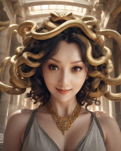 medusa,medusa gorgon,rapunzel,cleopatra,gorgon,angelica,crown render,golden crown,fantasy portrait,aphrodite,athena,3d fantasy,goddess of justice,cg artwork,s-curl,merida,odyssey,cg,princess leia,venus