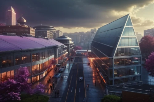 violet evergarden,city trans,evening city,city scape,digital compositing,tokyo city,pink city,futuristic architecture,seattle,seoul,beautiful buildings,chongqing,hafencity,urban landscape,japanese architecture,beautiful japan,birmingham,tokyo,asian architecture,business district