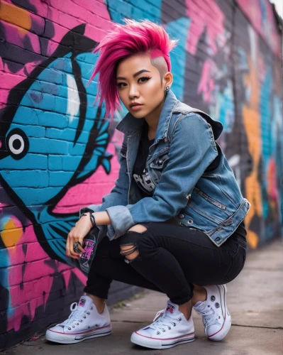 punk,pink hair,pink background,pink shoes,toni,converse,sneakers,asian,mohawk,colorful background,lis,vans,fashionista,asian girl,lira,adidas,tori,asian woman,graffiti,denim jacket,Conceptual Art,Fantasy,Fantasy 03