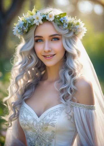 beautiful girl with flowers,bridal,bridal dress,sun bride,bridal clothing,silver wedding,celtic woman,blonde in wedding dress,wedding dresses,bridal veil,romantic portrait,bride,bridal jewelry,wedding dress,bridal accessory,floral wreath,fairy tale character,flower crown,girl in a wreath,white rose snow queen,Conceptual Art,Fantasy,Fantasy 04
