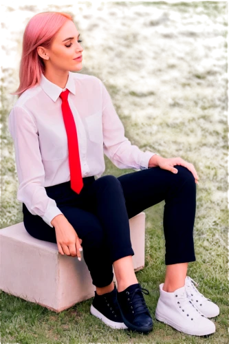 pink hair,pink tie,pink shoes,sitting on a chair,pink chair,wallis day,cross legged,sitting,legs crossed,business woman,business girl,girl sitting,crossed legs,cross-legged,school uniform,cute tie,pixie-bob,woman in menswear,pink background,child is sitting,Photography,Documentary Photography,Documentary Photography 09