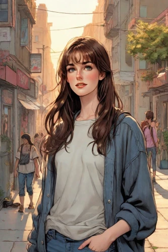 rosa ' amber cover,girl walking away,city ​​portrait,digital painting,world digital painting,portrait background,girl with speech bubble,study,sidewalk,woman shopping,a pedestrian,shopping icon,jeans background,woman at cafe,background images,girl portrait,istanbul,background image,sci fiction illustration,street scene,Digital Art,Comic