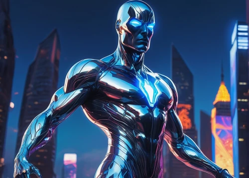 dr. manhattan,silver surfer,steel man,neon body painting,electro,3d man,ironman,metal figure,cleanup,blue demon,steel,cyborg,iron,atom,muscle man,wall,excalibur,panther,chrome steel,nova,Conceptual Art,Fantasy,Fantasy 19