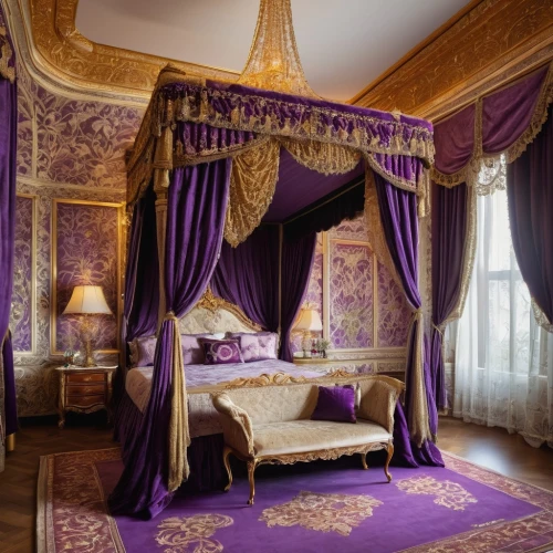 ornate room,napoleon iii style,four poster,four-poster,canopy bed,great room,rococo,rich purple,purple,sleeping room,damask,luxurious,purple and gold,interior decoration,luxury hotel,gold and purple,baroque,luxury,la violetta,venice italy gritti palace,Illustration,Paper based,Paper Based 10