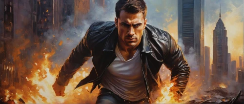 terminator,city in flames,action hero,sci fiction illustration,saganaki,renegade,fire background,human torch,daemon,the conflagration,angry man,fire master,fury,fire artist,daniel craig,combustion,burn down,lucus burns,rain of fire,divergent,Illustration,Realistic Fantasy,Realistic Fantasy 30
