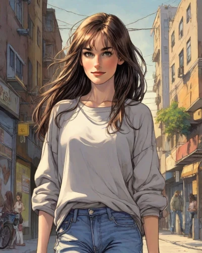 girl walking away,city ​​portrait,digital painting,world digital painting,girl in t-shirt,girl portrait,a pedestrian,girl in a long,girl with speech bubble,woman walking,girl in a historic way,girl drawing,on the street,pedestrian,young woman,anime cartoon,walking,a girl's smile,fashionable girl,the girl at the station,Digital Art,Comic