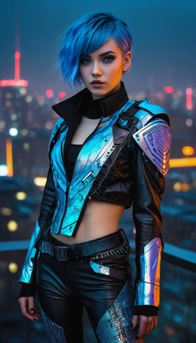 cyberpunk,bolero jacket,birds of prey-night,punk,streampunk,futuristic,renegade,jacket,aqua,latex clothing,punk design,cosplay image,xmen,electro,x-men,toni,leather jacket,leather,nova,cyber,Illustration,Abstract Fantasy,Abstract Fantasy 15