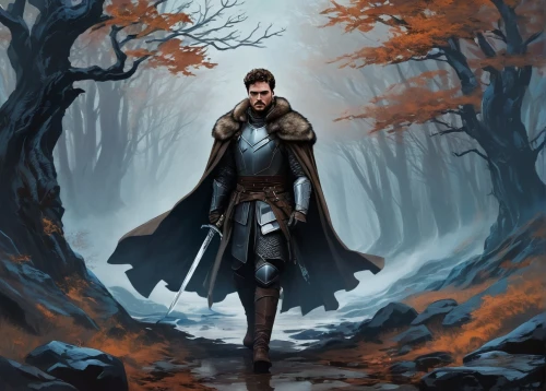 thorin,heroic fantasy,the wanderer,fantasy picture,imperial coat,male elf,fantasy art,fantasy portrait,king arthur,lone warrior,cg artwork,star-lord peter jason quill,fantasy warrior,hooded man,autumn background,highlander,autumn theme,wanderer,dane axe,sci fiction illustration,Conceptual Art,Sci-Fi,Sci-Fi 06