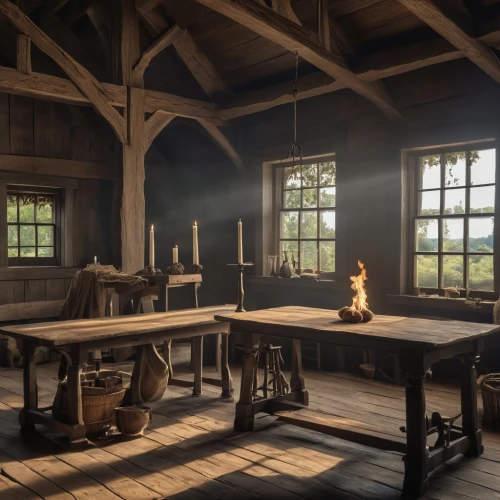 victorian kitchen,wooden windows,candlemaker,dandelion hall,tinsmith,writing desk,blacksmith,woodwork,apothecary,kitchen table,woodworker,billiard room,tavern,witch's house,classroom,visual effect lighting,wooden beams,scene lighting,digital compositing,assay office in bannack