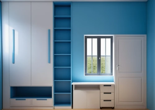walk-in closet,storage cabinet,armoire,search interior solutions,room divider,blue room,cabinetry,chiffonier,boy's room picture,cupboard,wall,mazarine blue,laundry room,blue doors,dresser,bathroom cabinet,hinged doors,one-room,sliding door,modern room,Photography,General,Realistic