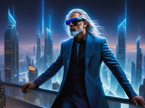 3d man,cyberpunk,sci fiction illustration,cg artwork,spy-glass,cyber glasses,ceo,skycraper,banker,spy,stan lee,the skyscraper,billionaire,electro,business angel,business man,futuristic,capital cities,hotel man,metropolis,Illustration,Realistic Fantasy,Realistic Fantasy 03