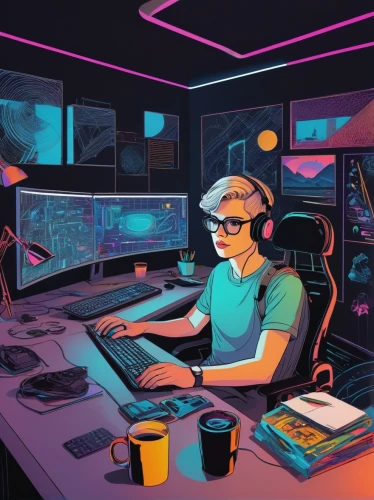 man with a computer,freelancer,working space,workspace,night administrator,cyber glasses,work space,digital nomads,remote work,computer addiction,cyberpunk,computer room,computer freak,game illustration,freelance,coder,neon human resources,cyber,home office,workstation,Illustration,American Style,American Style 15