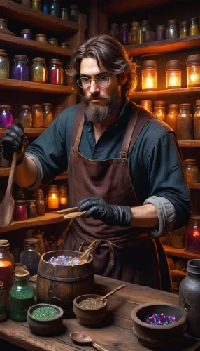 dwarf cookin,candlemaker,tinsmith,apothecary,blacksmith,artisan,metalsmith,potter's wheel,gingerbread maker,merchant,watchmaker,shopkeeper,confectioner,luthier,painting technique,cookery,silversmith,meticulous painting,chocolatier,craftsman,Conceptual Art,Fantasy,Fantasy 08