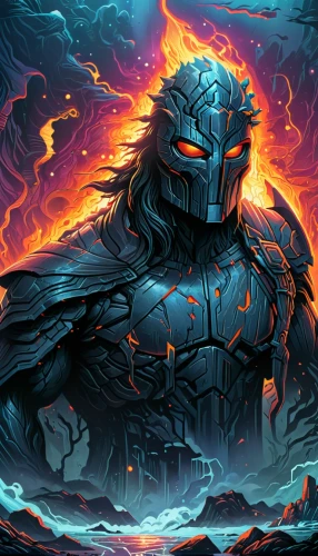 kosmus,lava,cg artwork,god of the sea,god of thunder,bordafjordur,molten,fire background,warlord,northrend,game illustration,volcanic,valhalla,magma,leopard's bane,destroy,death god,poseidon,shredder,argus,Illustration,Realistic Fantasy,Realistic Fantasy 25