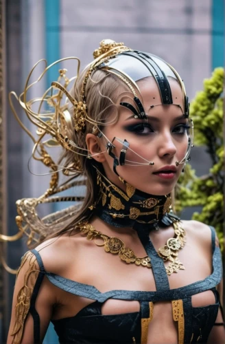 cyberpunk,valerian,streampunk,cyborg,asian costume,cosplay image,steampunk,bodypaint,harnessed,latex clothing,cleopatra,fantasy woman,artificial hair integrations,cybernetics,biomechanical,warrior woman,female warrior,cosplayer,artemisia,exoskeleton,Photography,General,Realistic