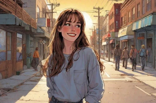 a girl's smile,digital painting,city ​​portrait,world digital painting,girl walking away,a pedestrian,a smile,the girl at the station,girl in a long,animated cartoon,portrait background,cute cartoon image,girl in a historic way,pedestrian,girl with speech bubble,the girl's face,digital art,woman walking,digital illustration,anime cartoon,Digital Art,Comic