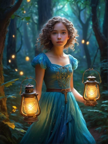 fairy lanterns,mystical portrait of a girl,fireflies,fantasy picture,faerie,little girl fairy,fairy tale character,fae,children's fairy tale,cinderella,faery,fairy forest,fantasy portrait,enchanting,merida,blue enchantress,fantasy art,child fairy,enchanted forest,enchanted,Illustration,American Style,American Style 02