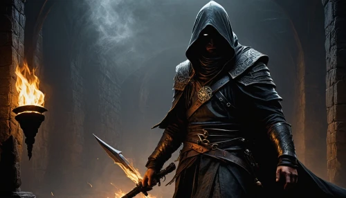 hooded man,assassin,grimm reaper,massively multiplayer online role-playing game,assassins,hooded,grim reaper,dodge warlock,flickering flame,templar,reaper,quarterstaff,mage,cloak,scythe,the wanderer,game illustration,smouldering torches,dark art,action-adventure game,Photography,Fashion Photography,Fashion Photography 23