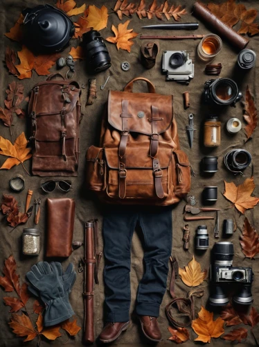 autumn theme,hiking equipment,bushcraft,autumn background,camera gear,autumn icon,autumn camper,woodsman,photography equipment,autumn photo session,tradesman,photographic equipment,camera illustration,nature photographer,craftsman,camera photographer,camerist,autumn still life,backpacker,autumn frame,Unique,Design,Knolling