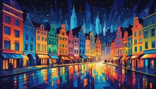 night scene,colorful city,cityscape,city lights,delft,city at night,citylights,fantasy city,amsterdam,city scape,street lights,world digital painting,city cities,metropolis,art painting,french digital background,grand place,evening city,street lamps,lights serenade,Illustration,Vector,Vector 07