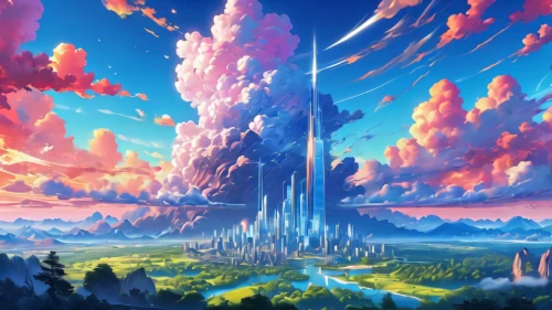 fantasy landscape,fantasy world,fantasy city,futuristic landscape,valerian,fantasia,mushroom landscape,fairy world,hot-air-balloon-valley-sky,3d fantasy,cloud mountain,sky city,fairy chimney,mountain world,panoramical,skycraper,sky,dream world,knight's castle,skyland,Conceptual Art,Daily,Daily 24