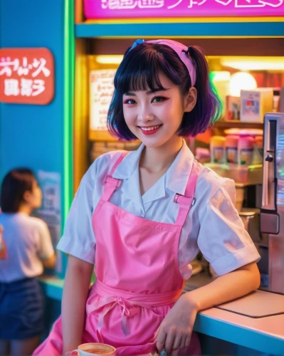 waitress,retro diner,harajuku,japanese kawaii,ice cream stand,kawaii foods,retro girl,japanese idol,cashier,ice cream shop,anime japanese clothing,pi mai,japanese restaurant,deli,kawaii ice cream,ais kacang,kawaii girl,barista,retro woman,neon coffee,Conceptual Art,Sci-Fi,Sci-Fi 28