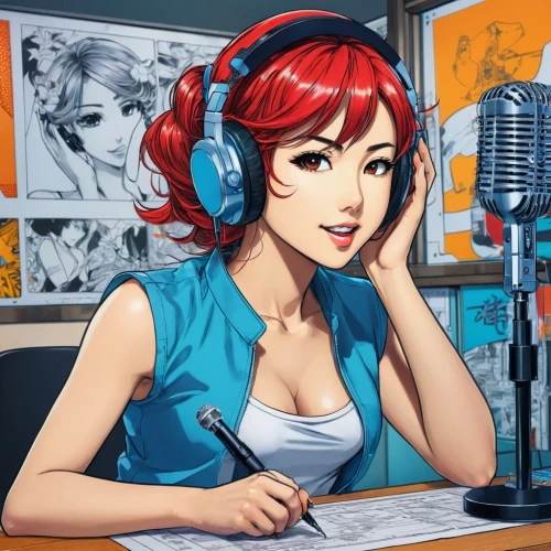 telephone operator,announcer,girl at the computer,game illustration,disc jockey,vector illustration,mic,headphone,streaming,switchboard operator,twitch icon,vector art,disk jockey,headset,telemarketer,radio,radio set,rockabella,student with mic,broadcasting,Illustration,Japanese style,Japanese Style 04