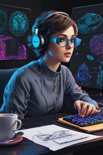girl at the computer,women in technology,girl studying,sci fiction illustration,computer addiction,computer freak,computer graphics,computer business,computer game,cyber glasses,librarian,night administrator,computer science,cyberpunk,telephone operator,eye tracking,fractal design,neon human resources,computer,coder,Illustration,Realistic Fantasy,Realistic Fantasy 42