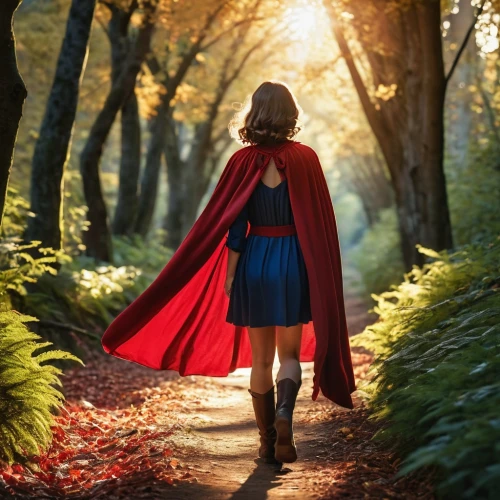 red cape,little red riding hood,red riding hood,caped,red coat,wonder,super woman,super heroine,ballerina in the woods,red tunic,celebration cape,mystical portrait of a girl,red super hero,wonderwoman,cloak,children's fairy tale,woman walking,digital compositing,scarlet witch,fairy tale character,Photography,General,Realistic