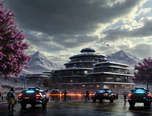 futuristic landscape,lhasa,concept art,patrol cars,wuhan''s virus,development concept,sky space concept,dystopian,digital compositing,scifi,mining facility,sci - fi,sci-fi,aurora village,citadel,patrols,alpine village,futuristic,ski resort,post-apocalyptic landscape