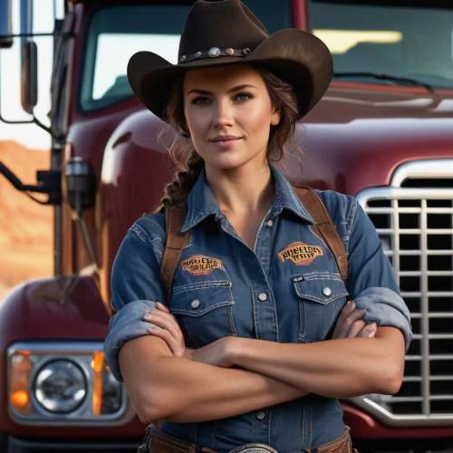 trucker,farm girl,countrygirl,ford truck,cowgirl,cowgirls,wrangler,truck driver,trucker hat,western,sheriff,blue-collar,leather hat,brown hat,woman fire fighter,farmer,buick y-job,pickup-truck,nikola,truck,Photography,General,Cinematic